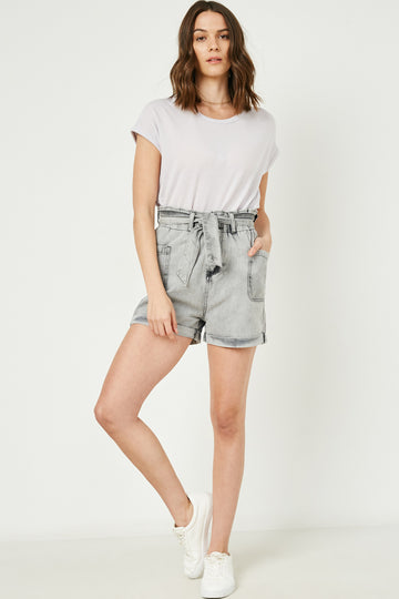 HY2566 Black Denim Womens Waist Tie Washed Cargo Pocket Denim Full Body